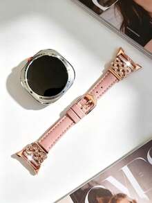 Galaxy Watch 8 錶帶 + 錶殼，幾何設計粉色皮革錶帶 + 1 個亮面錶殼（不含螢幕保護貼），相容 40mm/44mm Galaxy Watch 8，可調節替換錶帶配件，適合 4.6 至 6.7 英吋手腕，運動錶帶 - 玫瑰金+粉紅玫瑰金扣 - 查看 6