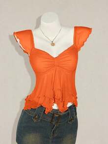 Top sin mangas con volantes, escote con pliegues, ajuste ceñido, parches de malla sexy, espalda con lazo, top casual de vacaciones - Naranja - Ver 6