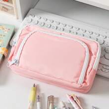 1pc Stationery Bag Cream Color Pencil Case Large Capacity 3 Compartments Storage Pouch For Office School Student , Back To School Gifts - 純色 - 查看 5