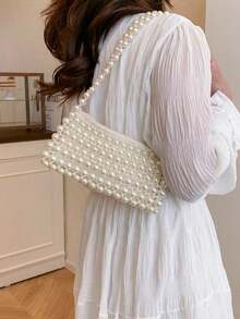Dedoo 1pc Pearl Beaded Woven Faux Pearl Handbag, Multifunctional Women's Shoulder Bag Suitable For Formal Occasions Or Daily Commute - White - View 6