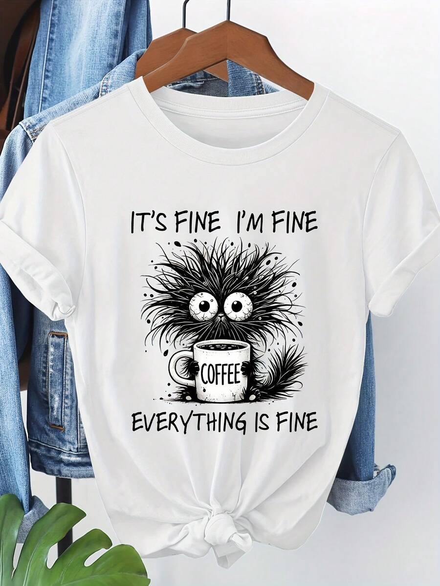 Camiseta de manga corta con estampado de gato 8117, camiseta cómoda de algodón - Blanco - Ver 1