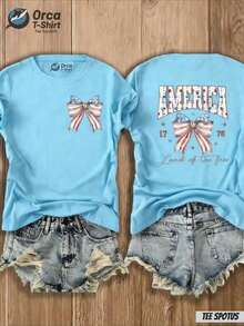 Cute Premium Unisex Casual T-Shirts For Women, T-Shirt With American "Land Of The Free" Flag And Ribbon Print - 4th Of July Outfit, Casual Crew Neck Top With Map Design, Suitable For Spring Summer, Gift (Local Shipping) - Blue - View 6