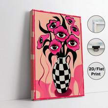 2D Wall Art Decor, Featuring Retro Poster Design With Surreal Pink Eyes And Floral Patterns; Another Piece Is A Minimalist Pink Checkered Vase Canvas Painting, Suitable For Bedroom And Living Room Decoration - G - View 17