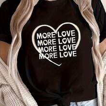 Clothes Women's T-Shirt - MORE LOVE Heart Print, Soft Casual Valentine's Day & Birthday Gift Idea - Clotheshine Washable, Essential Daily Top, Elegant Clothes, Shclothest Sleeve, Breathable Material, Adult - 黑色 - 查看 1