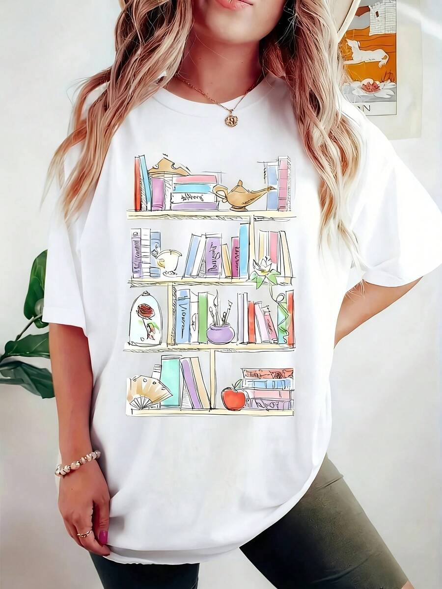 Summer New Arrival Artistic Hand Drawn Fairy Tale Elements Bookshelf Print White Loose Comfortable Cotton Casual Short Sleeve Fashion T-Shirt For Women Book Lovers Women's Fitted Short-Sleeve Tee With Fun Graphics, Perfect For Everyday & Casual Work Looks - 白色 - 查看 1