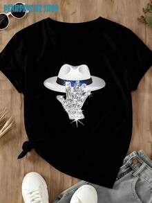Camiseta Oversize Estampada "The King Of Pop" de Jackson para Mujer, Ropa para Conciertos, Camisetas Estampadas para Mujer, Ropa para Vacaciones en la Playa, Ropa de Verano para Mujer, Ropa para Conciertos Country, Ropa para Brunch para Mujer - Negro 4 - Ver 2