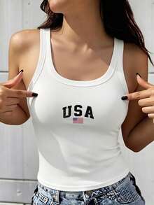 Regata Feminina Branca Fashion com Estampa "USA", Malha Canelada, Sem Mangas, Design Costas Abertas, Adequada para Uso no Verão - Branco - Visão 1