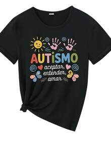 Camiseta Casual para Mujer - Diseño con Estampado de Palma y Mariposa, Temática de Concientización sobre el Autismo - Estilo Estampado - Camiseta Deportiva Casual para Mujer - Manga Corta, Adecuada para Todas las Temporadas, Tela Cómoda, Estilo Urbano, Perfecta para Uso Diario, 100% Algodón - Negro - Ver 3