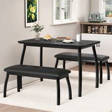Dining Table With 2 Upholstered Benches - 3 Pcs Industrial Dining Table Set, Ideal For Dining Room, Kitchen, Studio, Restaurant - Black - View 5