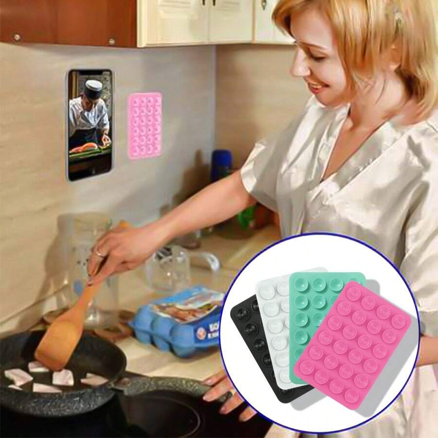 Bộ 4 miếng hút chân không silicon, giá đỡ điện thoại kiêm gậy selfie, bền và dễ sử dụng, không cần pin, cầm nắm chắc chắn, giá đỡ điện thoại đa chức năng với miếng dán tái sử dụng, thích hợp để xem rảnh tay.