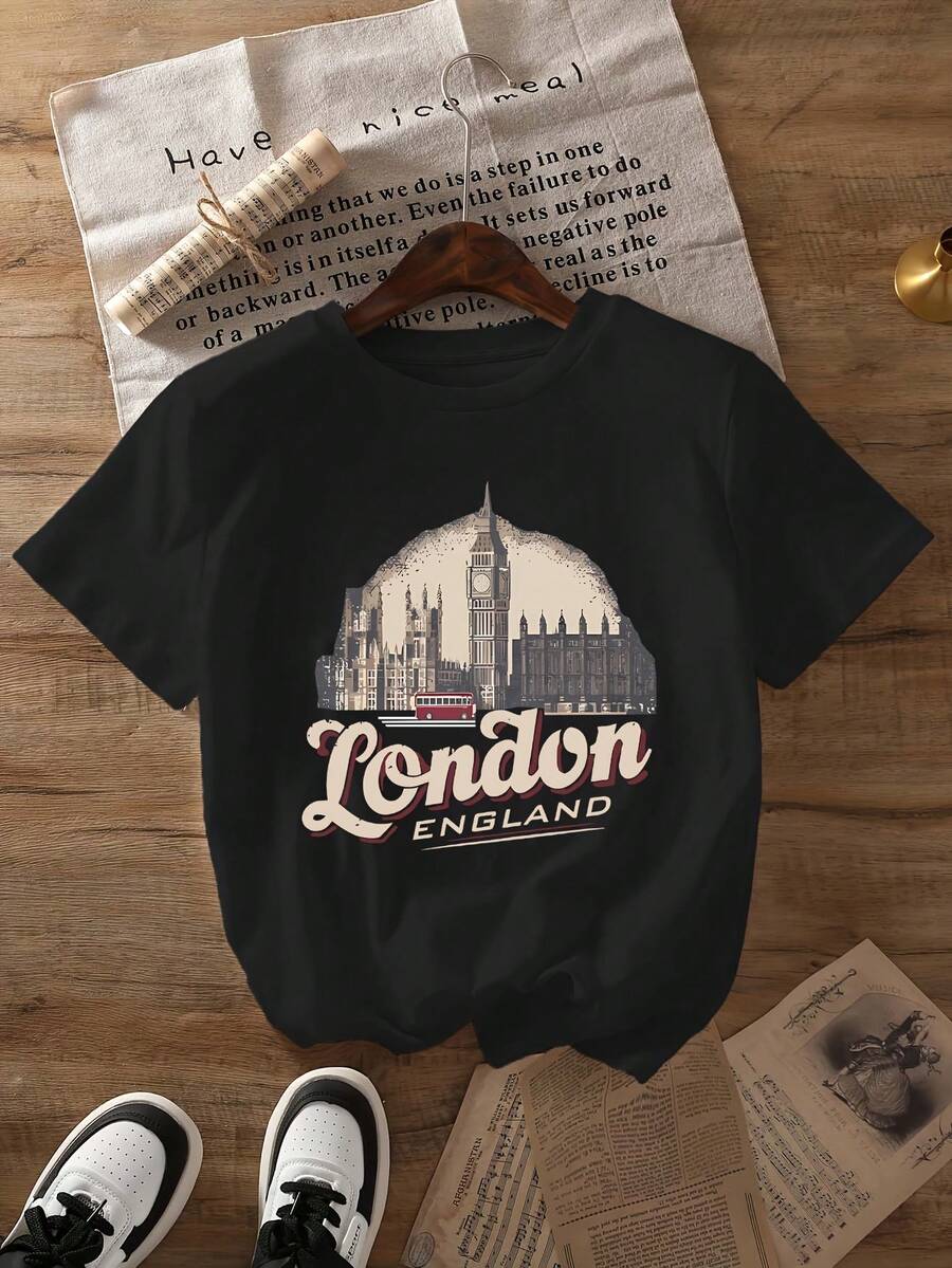 Egg Tart Special London Big Ben Graphic T-Shirt, Short Sleeve, Round Neck, Casual Style, Summer And Spring, For Women - Soft And Lightweight Fabric - 黑色 - 查看 1