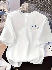 Camiseta de manga corta suave y transpirable para mujer y unisex - Estampado de cara sonriente y alegre, cuello redondo, estilo casual de verano, ligera, lavable a máquina, cómoda y linda para el uso diario en primavera y verano, diseño de cara alegre, artículo de gran . - Blanco - Ver 1