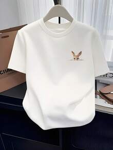 Women's Short-Sleeved T-Shirt, Vintage, Elegant, Exquisite, Fashionable, Thick Fabric, With A Cartoon Bunny Print, Creative, Soft And Comfortable, Loose And Casual, Suitable For The Street, A Beautiful Gift For The Holidays. - 白色 - 查看 7