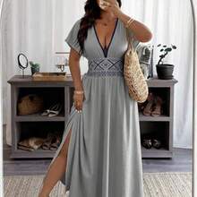 Clasi Plus Size Women Deep V-Neck Solid Short Sleeve Ruched Waist Sexy Vacation Dress - Gris - Ver 1
