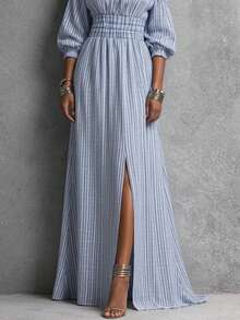 Vestido a rayas Primavera-Verano 2026 con cintura ajustable - Azul - Ver 4
