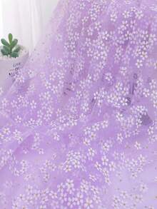 1pc Silkscreen Printed Small Plum Blossom Mesh Fabric, Suitable For Tulle Skirts, Stage Costumes, DIY Crafts, Gift Packaging, Garment Making - Light Purple - View 1