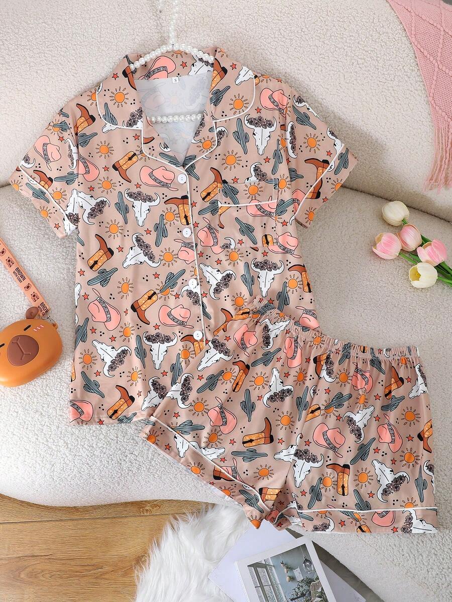 [Livanti Pajamas]2pcs/Set Women Sleepwear Set, Cooling Short Sleeve, Lapel Button Front Short Sleeve, Comfortable Loose Fit, Cartoon Floral Cowboy Boot Pattern, Suitable For All Seasons - Brown - View 1