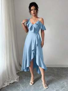 Vestido elegante de verano con efecto de mezclilla, con volantes asimétricos - azul cielo - Ver 12
