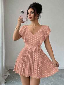 Vestido elegante y romántico para vacaciones con cuello en V con volantes, cintura ceñida y estampado de lunares en forma de línea A para mujeres - Multicolor 10 - Ver 6