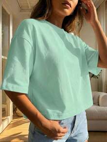 Blusa de mujer de cuello redondo, manga corta, holgada y casual, de estilo minimalista, elegante y sexy Y2K, adecuada para uso diario, oficina, hogar, exterior, primavera/verano - verde menta - Ver 4