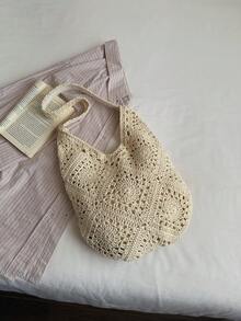 Bolso de mano grande con capacidad de carga, de estilo tejido y calado con inspiración natural, versátil para playa, vacaciones de verano y uso casual - Oro rosa - Ver 6