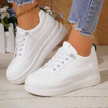 Summer New Minimalist Solid Color Thick Sole Platform White Sneakers Women's Thick Sole Slimming Lace-Up Casual Skate Shoes Daily Commute Versatile Women's Shoes (Runs Half Size Small) - White - View 2