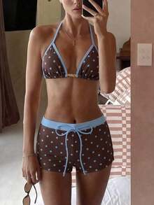 Conjunto de bikini de 2 piezas para mujer - Estampado de estrella con ribete sólido, parte superior tipo triángulo con escote halter (adornada con acentos de cuentas), Bottom tipo short de tiro alto, elegante ropa de playa de verano, traje de baño de tira - Marrón - Ver 3