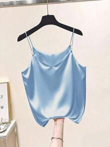 Elegante camiseta de satén con escote en V francés delicado y decoración de perlas, adecuada como prenda de superposición para mujeres - Azul - Ver 5