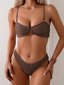 Swim Conjunto de bikini de verano para mujer de unicolor con pliegues y sexy - Café integral - Ver 3