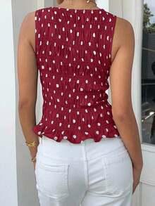 Blusa de lunares elegante y lujosa, blusa de verano azul elegante con fruncidos para mujeres, conjunto sexy con volantes y dobladillo fruncido, top corto sin mangas para vacaciones y playa, camisa de lunares con textura de moda - Burdeos - Ver 2