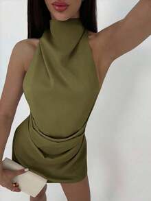 Vestido mini plisado de mujer con espalda abierta y atado - Verde militar - Ver 4