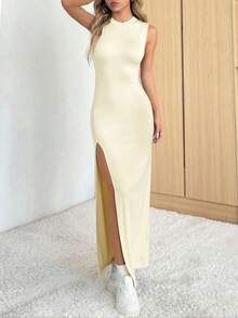 Vestido casual y elegante con abertura lateral, liviano para el verano - Albaricoque - Ver 5
