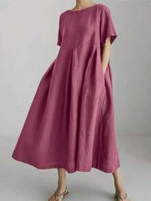 Vestido de lino suelto, casual, elegante y cómodo para mujer.Vestido largo suelto de manga corta, con bolsillo, cuello redondo y unicolor.Ajuste relajado para el verano - Blush Crush - Ver 1