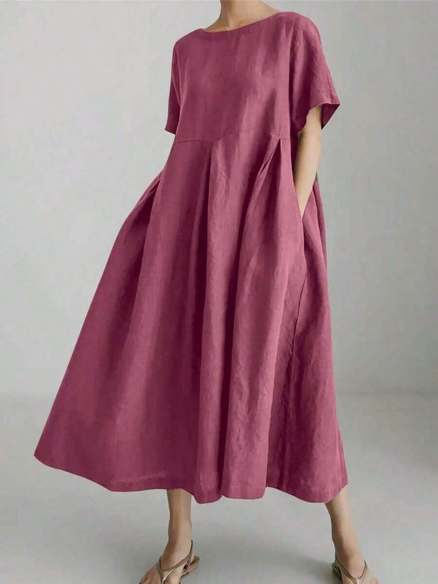 Vestido de lino suelto, casual, elegante y cómodo para mujer.Vestido largo suelto de manga corta, con bolsillo, cuello redondo y unicolor.Ajuste relajado para el verano - Blush Crush - Ver 1