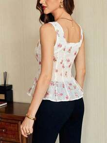 Blusa de mujer vintage, elegante y clásica, con cierre de botones metálicos con forma de flor, blusa sin mangas blanca, para primavera/verano - Rosa 2 - Ver 2
