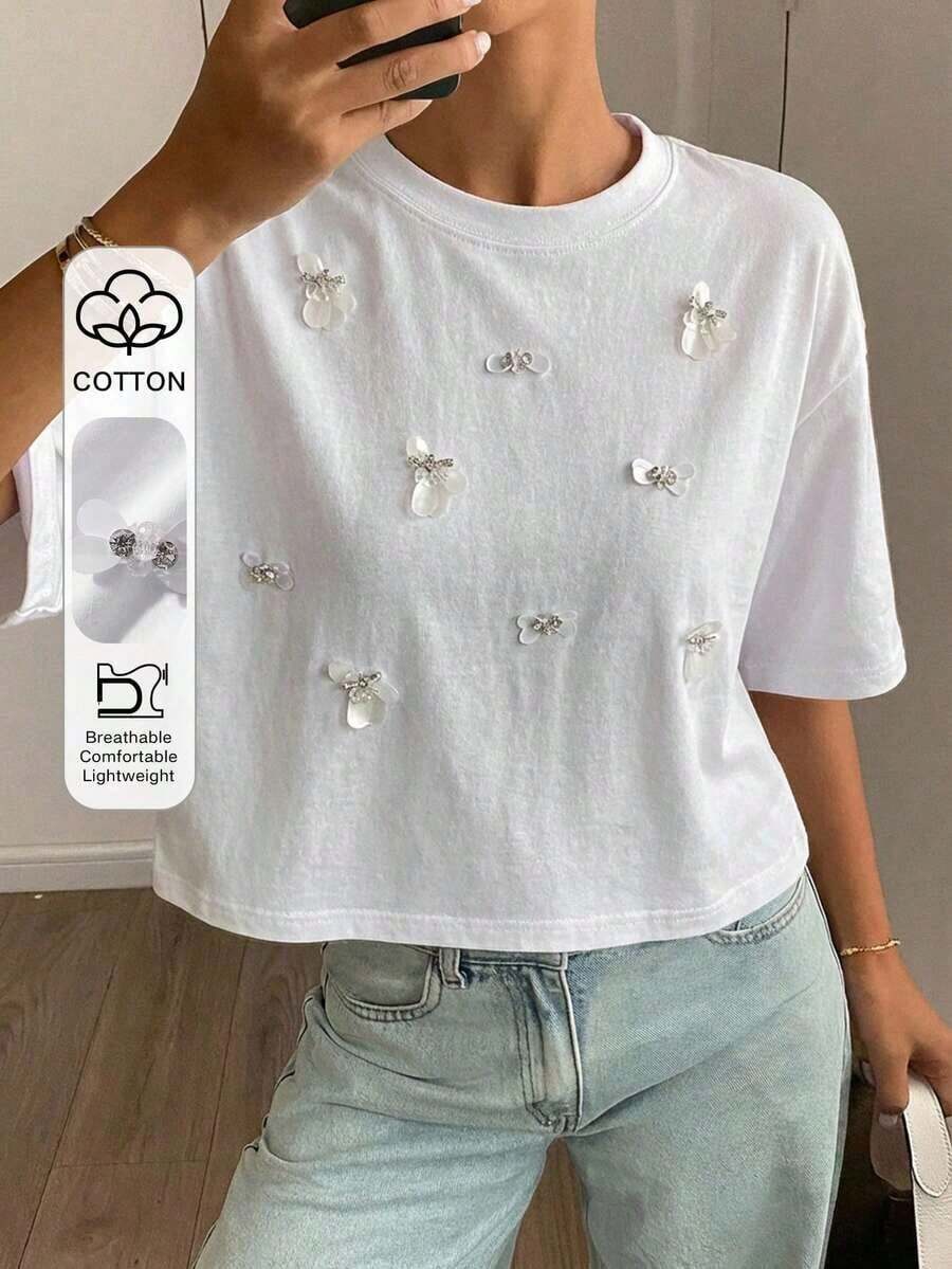 Blusa casual de verano para mujer con cuello redondo, manga corta suelta y 3D plisada con flor - Blanco 5 - Ver 1
