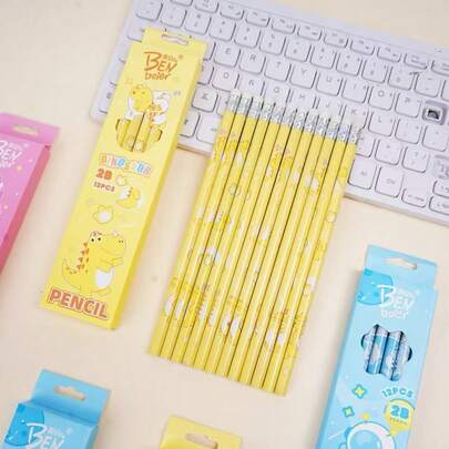 12pcs 2B Pencil Set, Cute Astronaut & Dinosaur Pattern Wooden Pencils, Smooth Writing Stationery Suitable For Students & Office