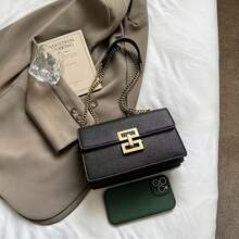 极简金属装饰链条单肩包，优雅PU斜挎包，翻盖单肩包，女士时尚手提包兼手机袋 - 黑色 - 查看 3
