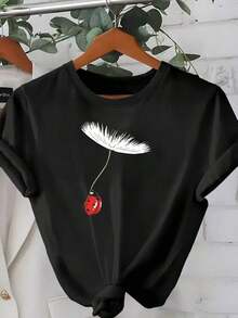 Women's Ladybug And Dandelion Print T-Shirt - Crew Neck T-Shirt With Red Ladybug And Dandelion Print, Soft And Stretchy Fabric For Casual And Formal Outfits, Spring/Summer Casual Top - Women's Clothing, Spring Fashion, Fun Design - 黑色 - 查看 1