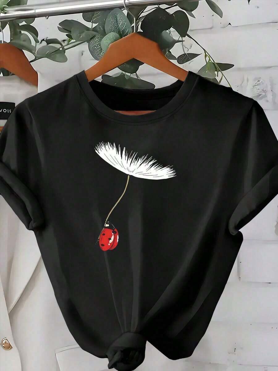 Women's Ladybug And Dandelion Print T-Shirt - Crew Neck T-Shirt With Red Ladybug And Dandelion Print, Soft And Stretchy Fabric For Casual And Formal Outfits, Spring/Summer Casual Top - Women's Clothing, Spring Fashion, Fun Design - 黑色 - 查看 1