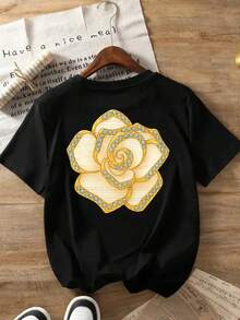 Women's Floral T-Shirt (Front And Back) - With Gold Rose, Round Neck, Casual For Everyday And Formal Wear, For All Seasons And Special Occasions, Versatile Clothing, Elegant Design, Comfortable Fit, Short Sleeve, For Fashion Lovers Y2k - 黑色 - 查看 2