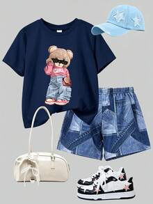2pcs/Set Girls Cool Bear Print T-Shirt + Denim Effect Shorts Set, Soft Fabric, Summer Casual Wear - Navy Blue - View 1