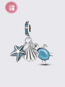 1 pieza Diseño original de cuentas de color plateado para el verano con serie de tortugas marinas azules, con incrustaciones de circonita cúbica brillante, apto para hacer pulseras y collares DIY, regalos elegantes - Plateado - Ver 4