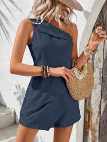 Mono sin mangas de unicolor minimalista para mujer, de verano - Azul marino - Ver 7