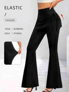Quần legging yoga ống loe bất đối xứng mới, quần dài co giãn ôm sát tôn dáng với thiết kế nhún hông, quần ống loe cạp cao giúp kiểm soát vòng bụng, thích hợp cho trang phục thường ngày thanh lịch và các kỳ nghỉ, màu đen. - màu đen - Xem 4