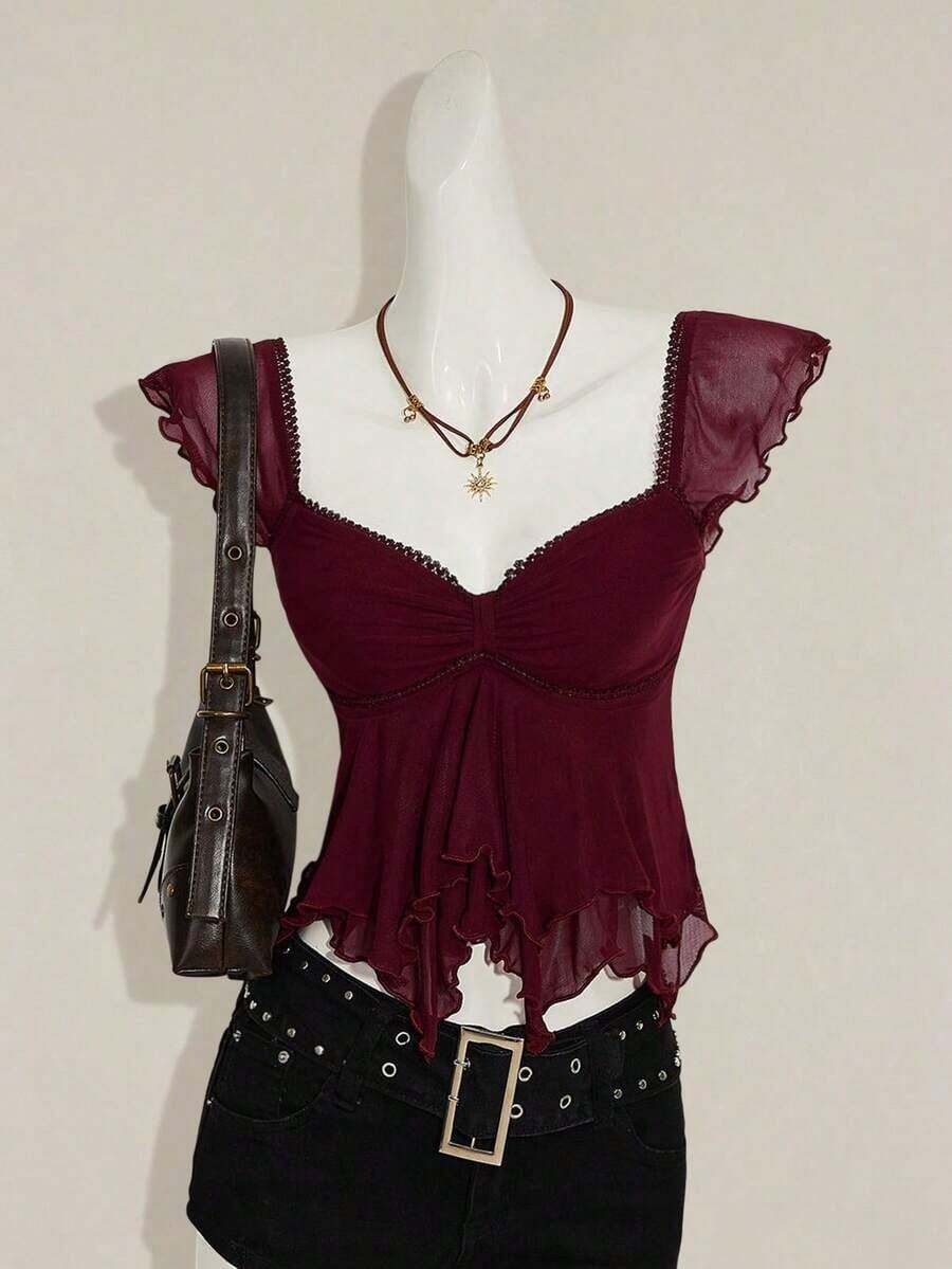 Top sin mangas con volantes, escote con pliegues, ajuste ceñido, parches de malla sexy, espalda con lazo, top casual de vacaciones - Rojo violeta - Ver 1