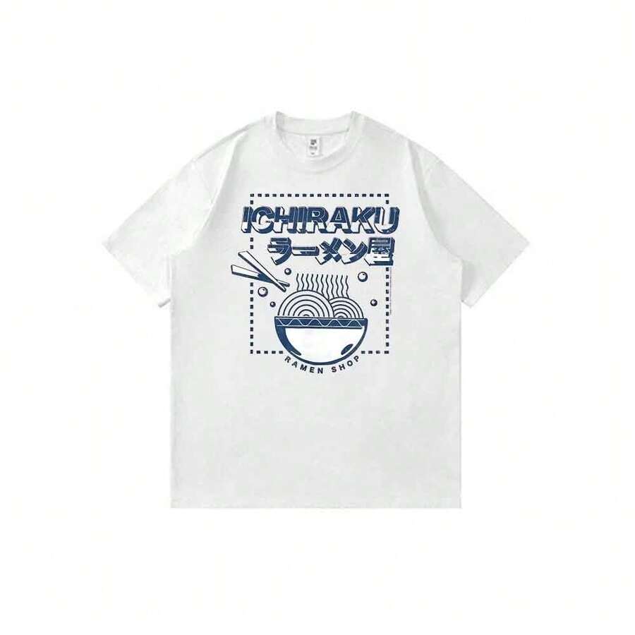 Camiseta unisex de estilo retro con estampado de anime y dibujos animados de Narutos Ichiraku Ramen Shop, corte holgado y estilo casual de verano. - Blanco - Ver 1