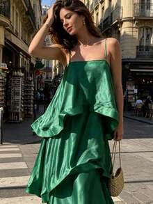 Elegant Women's Dress For Spring/Summer Holidays: Casual Satin Maxi Dress With Straps, Multi-Layered. - 粉色 - 查看 4