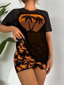 piezas Traje de baño tipo tankini de mujer para vacaciones de verano en la playa, con estampado tropical de palmeras y rayas, de manga corta - Multicolor 3 - Ver 2
