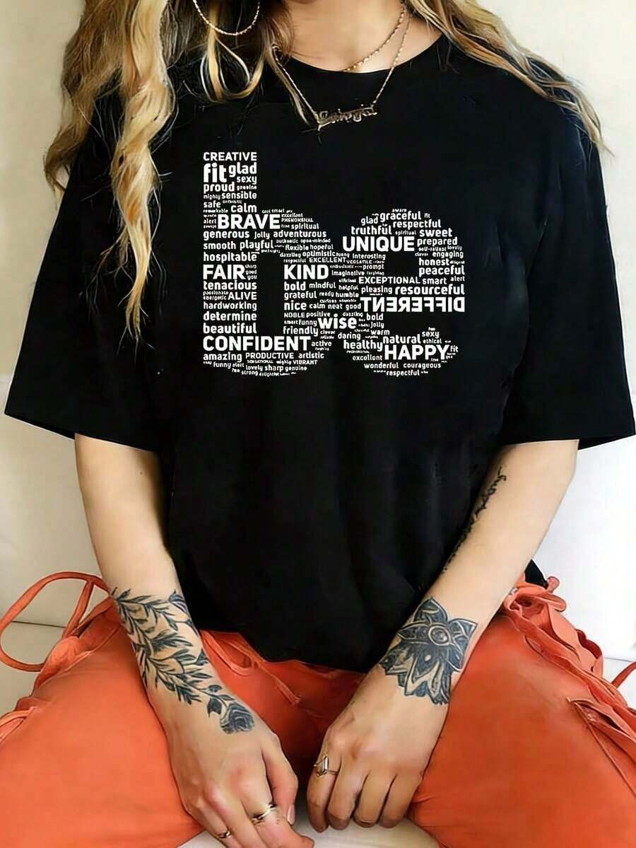 1 Piece Of Women's Plus Size T-Shirt With Inspirational Word Cloud Print, Oversized Short Sleeve Graphic Tee, 100% Cotton, Novelty Round Neck T-Shirt, Casual Wear, 220g/180g, 100% Cotton. - 黑色 - 查看 1